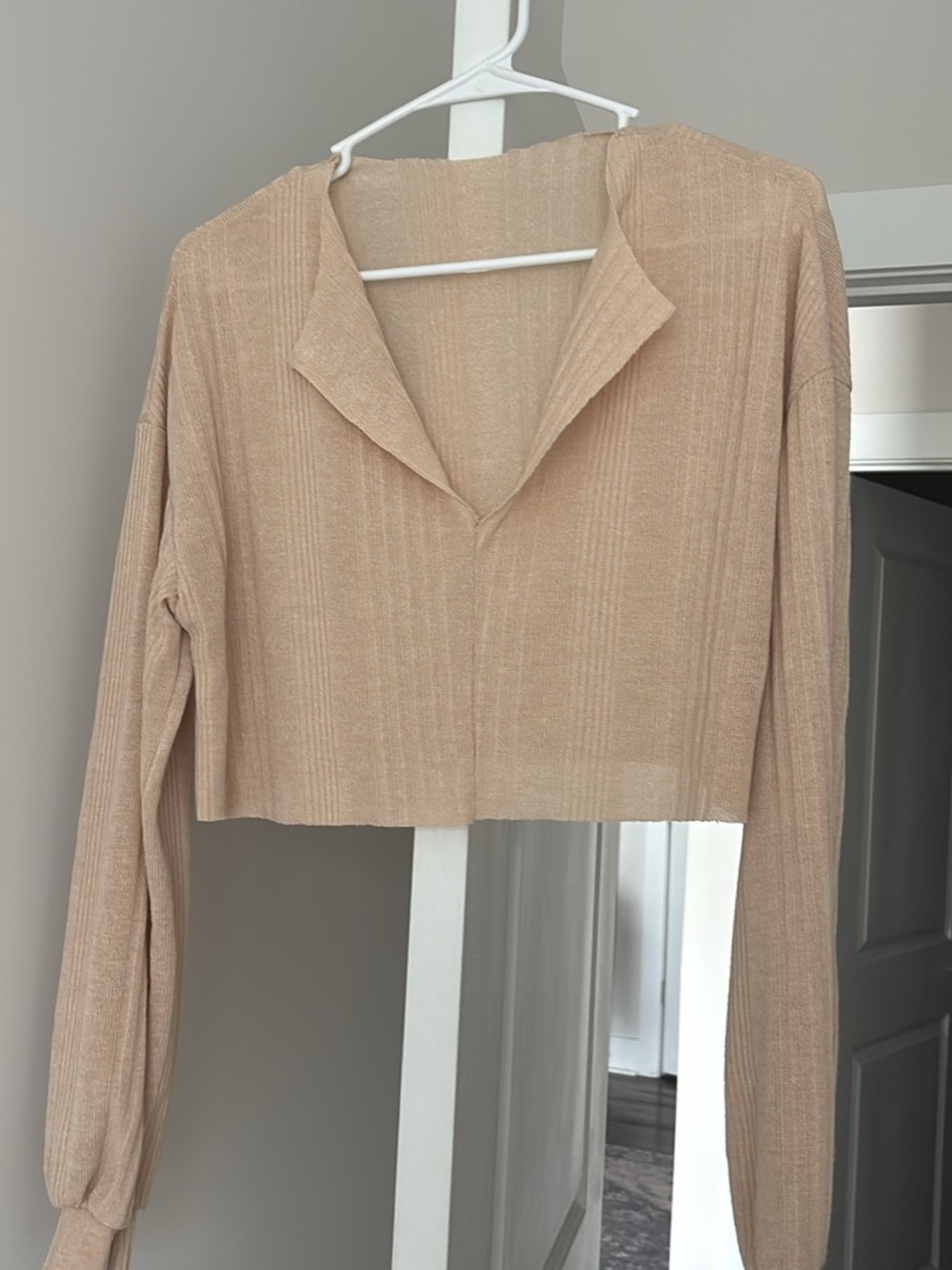Light Tan Cropped V-Neck Long Sleeve Top